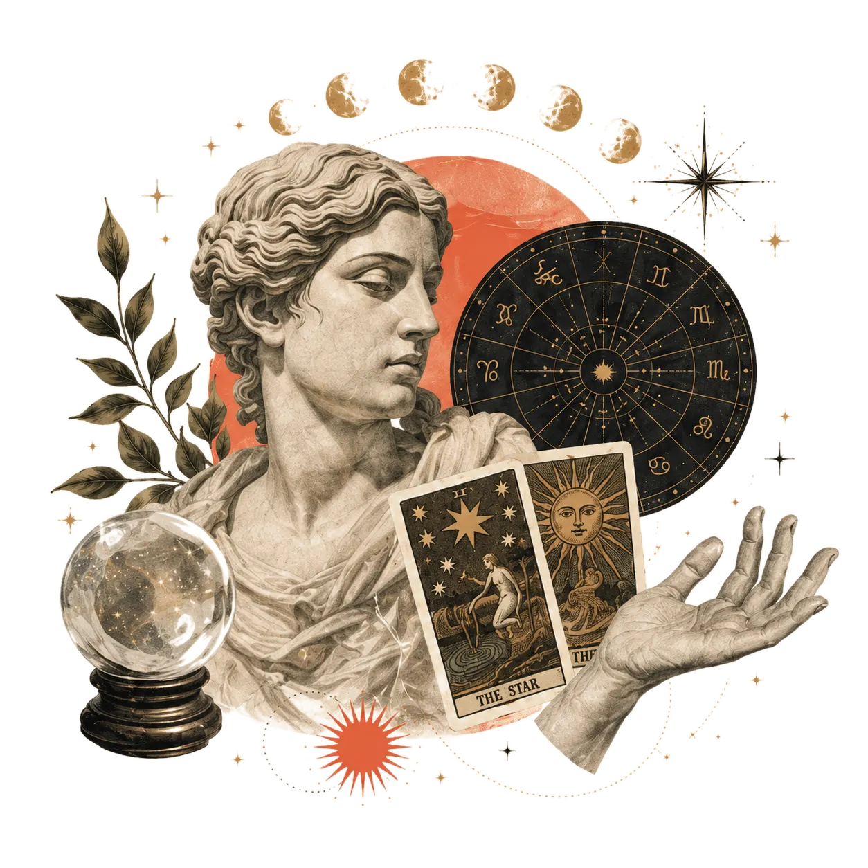 Minh họa tượng nữ thần, vòng hoàng đạo, lá bài Tarot và mặt trăng