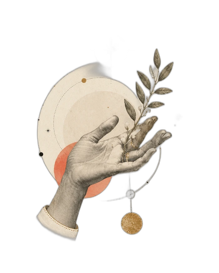 Hand holding olive branch with celestial rings